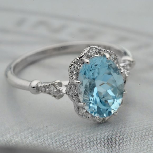 NEW 925 Sterling Silver Aquamarine Diamond Ring - Picture 5 of 7